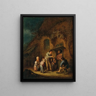 Adriaen van Ostade - A farmyard with children and peasants listening to a hurdygurdy player.webp