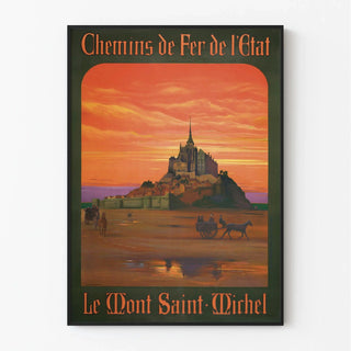 Affiche Mont-Saint-Michel vintage – Coucher de soleil et traversée en calèche