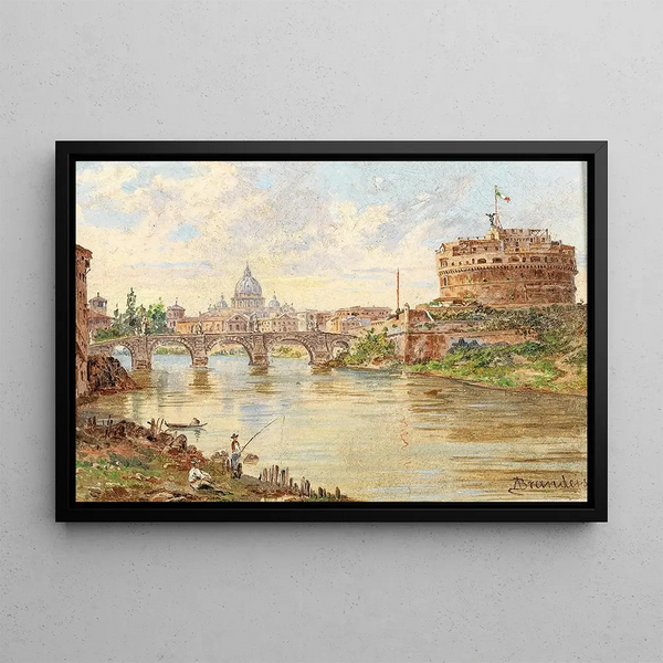 Rome med Château Saint-Ange, Saint-Ange-broen og Peterskirken i baggrunden - Antonietta Brandeis — indrammet kunstværk på væggen