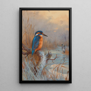 Archibald Thorburn - Frozen out Fishers Kingfisher and Heron in a winter landscape.webp