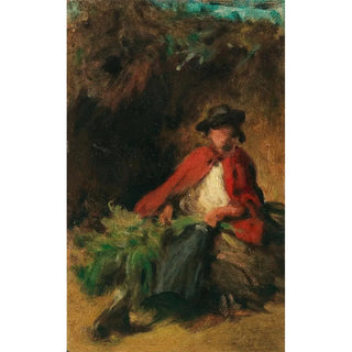 Carl Spitzweg - Sitzendes Mdchen mit rotem Umhang einen Hasen vor sich.webp