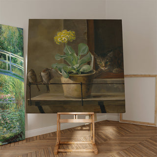 Kunsttryk | Stillleben med en primula i en blomsterpotte, en kat og to spurve - Martinus Rørbye