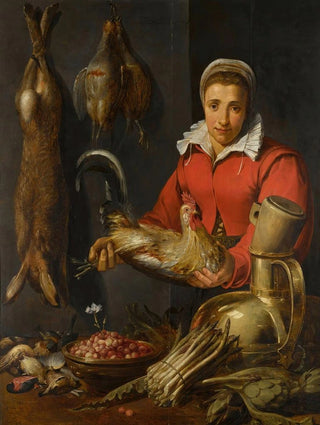 Frans Snyders - A female merchant holding a cockerel with game asparagus artichokes utensils and a bowl of wild strawberries.webp