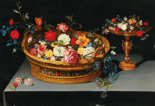 Jan Brueghel the Younger - Mixed flowers in a basket with a tazza nearby.webp