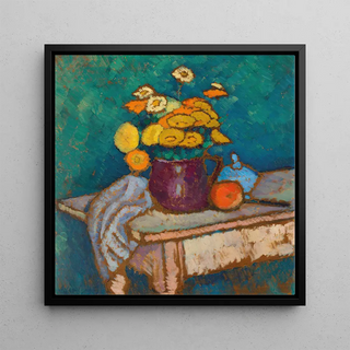 Nature morte avec tissu, fleurs dans un pichet, pomme et récipient sur la table - Alexej von Jawlensky