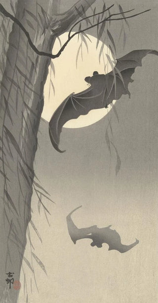 Ohara Koson - Two bats at full moon.webp