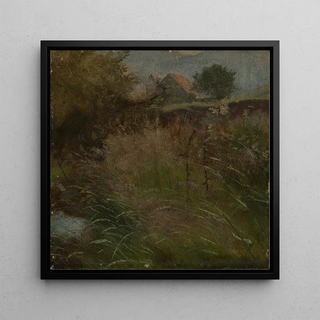 Prairie en arrière-plan avec une maison de paysan - Hans Thoma