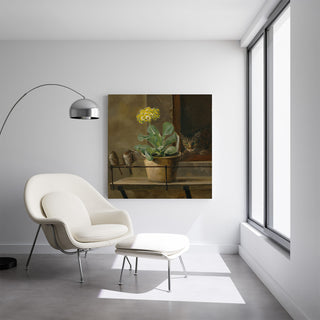 Kunsttryk | Stillleben med en primula i en blomsterpotte, en kat og to spurve - Martinus Rørbye