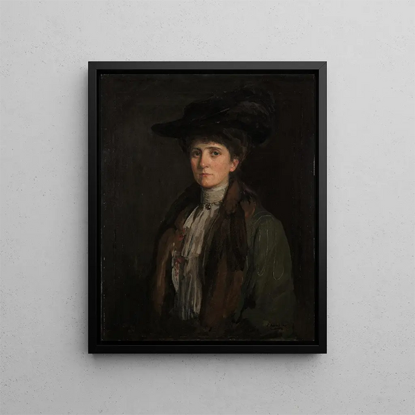 En dame i brunt, som man tror er Margaret Edith Bannatyne Cobb - Sir John Lavery — indrammet kunstværk på væggen