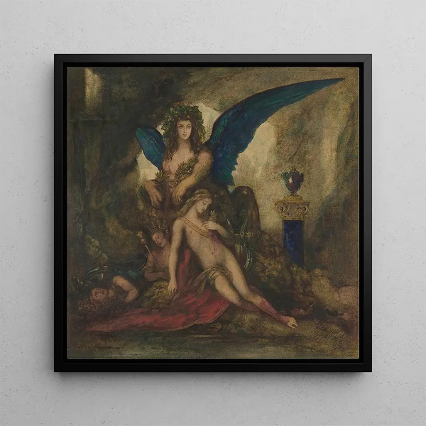 Sphinx i en hule, kongedigt og kriger - Gustave Moreau — indrammet kunstværk på væggen