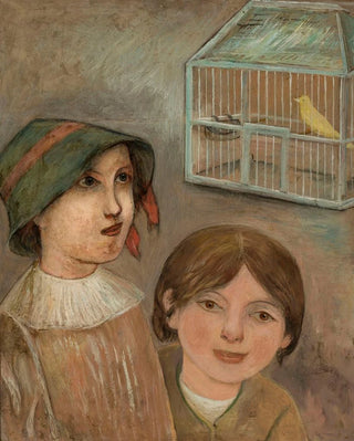 Tadeusz Makowski - Two little girls beside a cage with a canary.webp