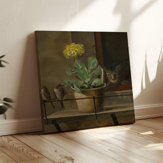 Kunsttryk | Stillleben med en primula i en blomsterpotte, en kat og to spurve - Martinus Rørbye