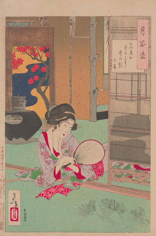 Tsukioka Yoshitoshi - Woman watching the shadow of a pine branch cast by the Moon.webp