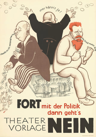 Vintage plakat for teater 'Theatervorlage Nein' i karikaturstil med politisk satire