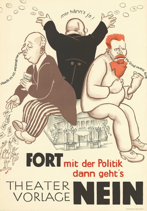 Vintage plakat for teater 'Theatervorlage Nein' i karikaturstil med politisk satire