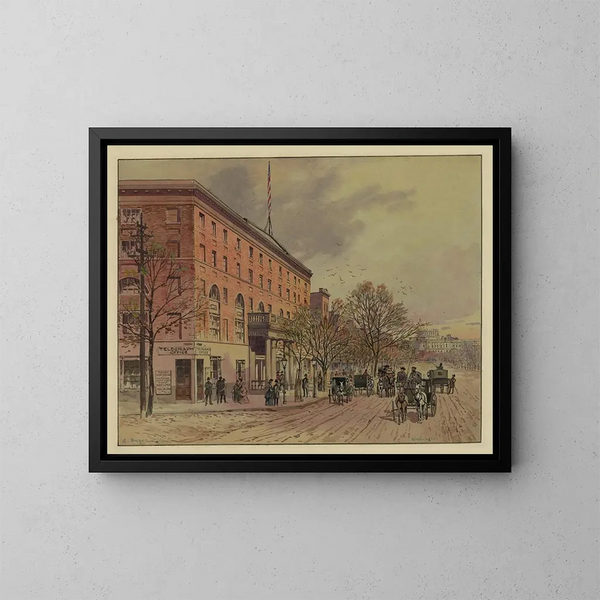 Vue de Washington, regardant le long de la Pennsylvania Avenue vers le Capitole inachevé, Hôtel National à gauche, n° 2 - A Meyer — indrammet kunstværk på væggen