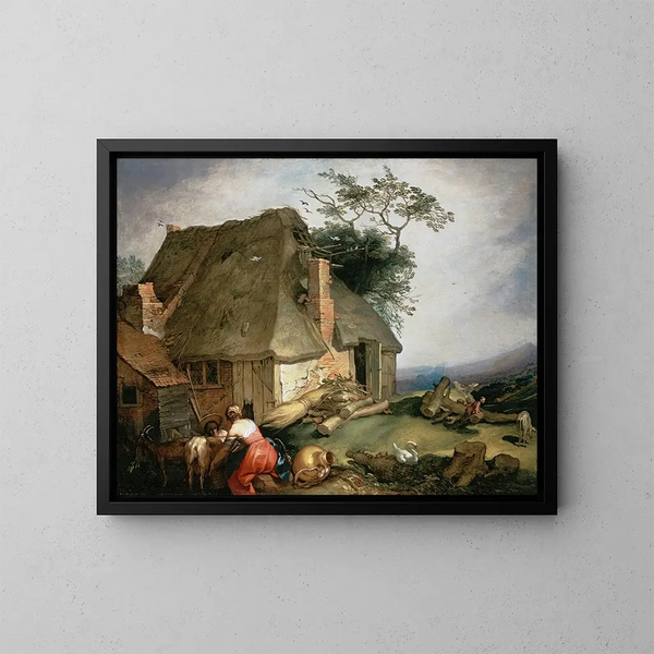 Et et hus med bønder, der passer får - Abraham Bloemaert — indrammet kunstværk på væggen