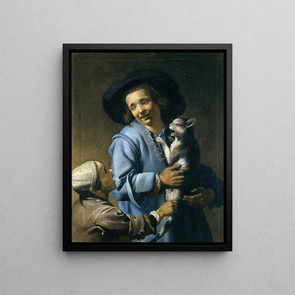 unge, der leger med katten - Abraham Bloemaert — indrammet kunstværk på væggen