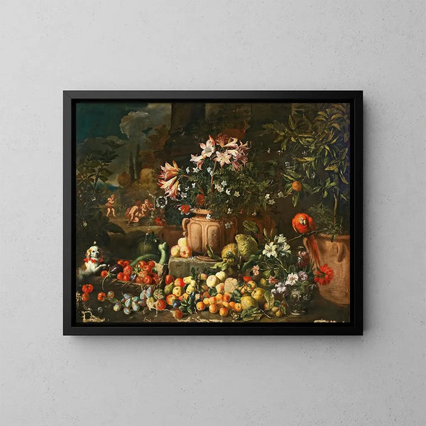 blomsterstilleben med frugt, putti og dyr - Abraham Brueghel — indrammet kunstværk på væggen