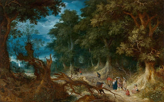 Abraham Govaerts - Wooded Landscape with Hunters and Fortune Teller.webp