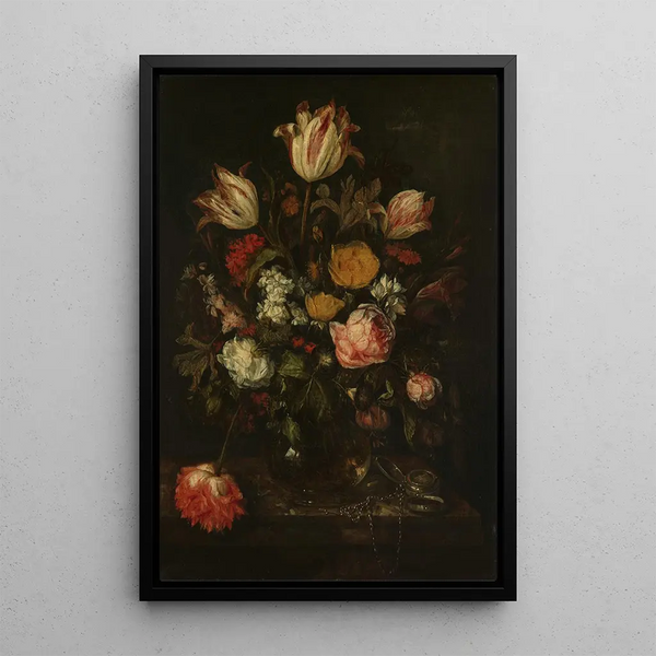 Naturmørke med blomster - Abraham van Beyeren — indrammet kunstværk på væggen