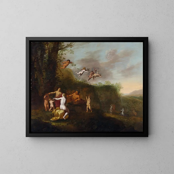 Bacchus og nymfer i et landskab - Abraham van Cuylenborch — indrammet kunstværk på væggen