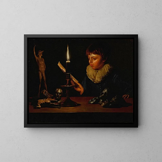 Adam de Coster - Boy behind a table with statuettes reading by candlelight.webp