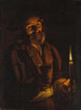 et gammelt menneske, der holder et lys og et glas - Adam de Coster — visning af kunstværket