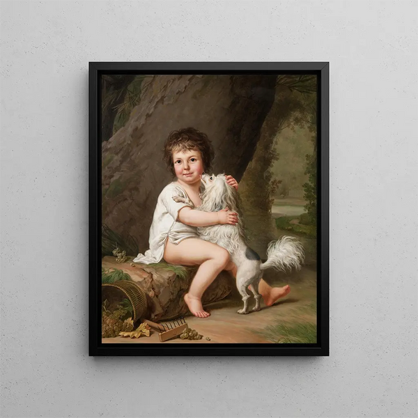 Portrait af den unge Henri Bertholet Campan 1784-1821 med hunden Aline - Adolf Ulrik Wertmüller — indrammet kunstværk på væggen