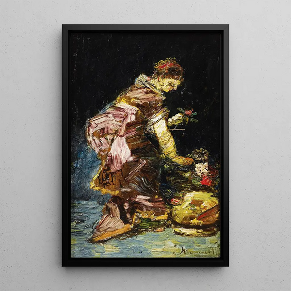 Reproduktion af maleriet Ung kvinde, der arrangerer blomster - Adolphe Monticelli