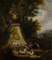 Jagtscene i en skovpark med et par jægere og deres hunde ved siden af en skulpturel base - Adriaen de Gryef — visning af kunstværket
