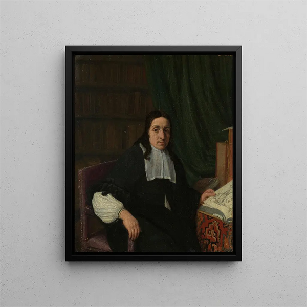 Portrait af en samler, måske Constantijn Sennepart 1625-1703 - Adriaen van Ostade — indrammet kunstværk på væggen
