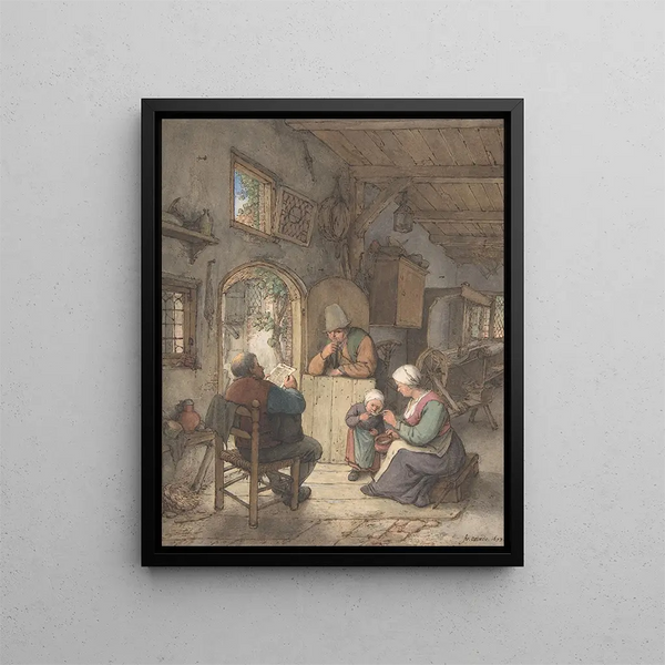 Lire les nouvelles au Weavers Cottage - Adriaen van Ostade — indrammet kunstværk på væggen