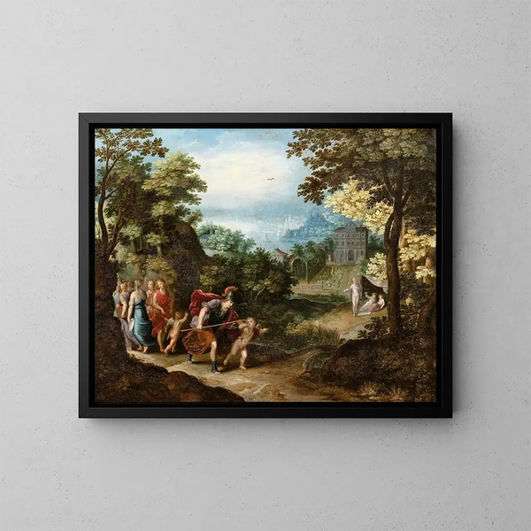 Apollon og Minerva, der forlader Muserne for Venus, Ceres og Bacchus - Adriaen van Stalbemt — indrammet kunstværk på væggen