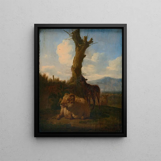 Adriaen van de Velde - Italianate landscape with a ram other sheep and a dead tree.webp