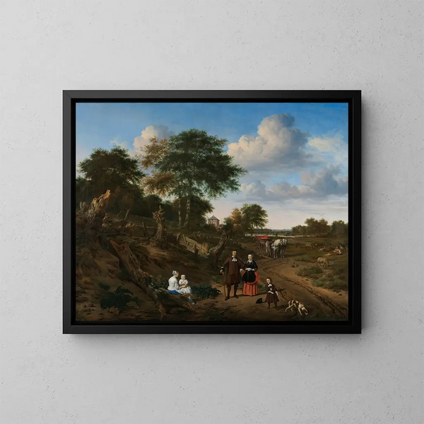 Portrait af et par med to børn og en barnepige i et landskab - Adriaen van de Velde — indrammet kunstværk på væggen