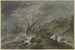 Storm på havet ved en klippefyldt kyst med et forlist skib - Adriaen van der Cabel — visning af kunstværket
