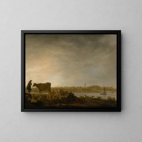 Vue de Vianen med en hyrde og kvæg nær en flod - Aelbert Cuyp — indrammet kunstværk på væggen