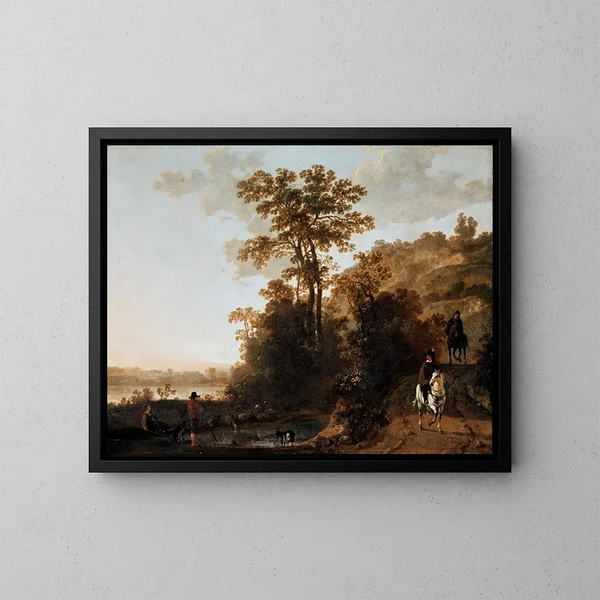 En aftenvandring ved en flod - Aelbert Cuyp — indrammet kunstværk på væggen
