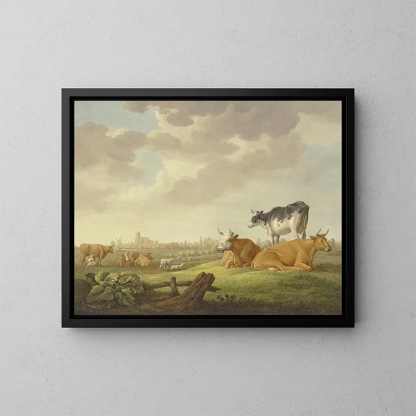 I en eng, med geder og får, i det fjerne en by, til venstre en malkepige - Aelbert Cuyp — indrammet kunstværk på væggen