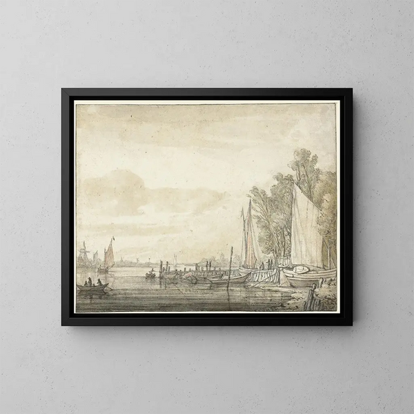 Bateaux au quai dans une rivière - Aelbert Cuyp — indrammet kunstværk på væggen