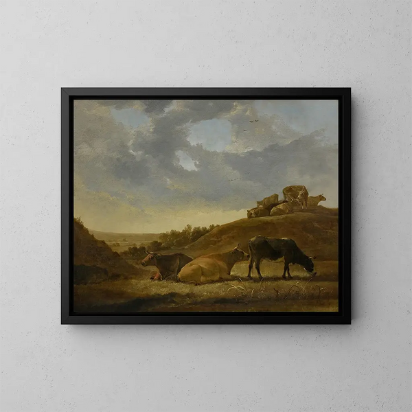 Billeddyr i et hollandsk arkadisk landskab - Aelbert Cuyp — indrammet kunstværk på væggen