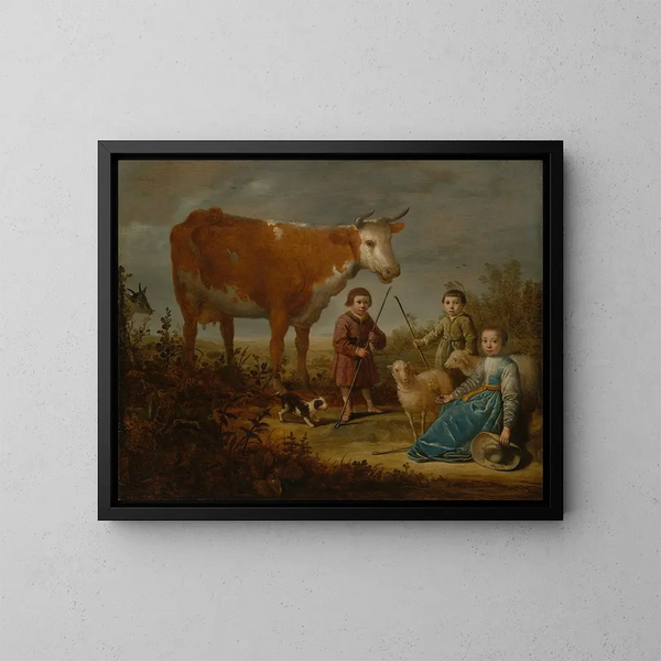 Børn og en ko - Aelbert Cuyp — indrammet kunstværk på væggen