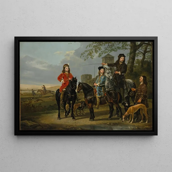 Portræt af Cornelis 1639-1680 og Michiel Pompe van Meerdervoort 1638-1653 med deres lærer og kusk - Aelbert Cuyp — indrammet kunstværk på væggen