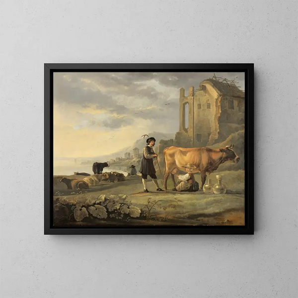 Landskabsmaleri med en malkepige, der håndterer en ko - Aelbert Cuyp — indrammet kunstværk på væggen