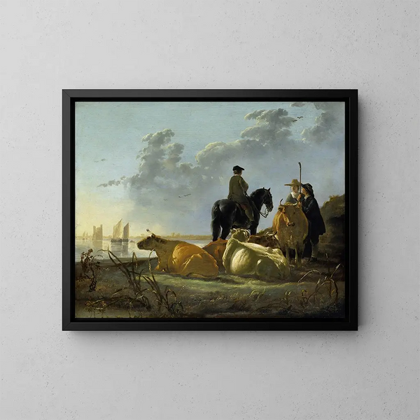 landsbybeboere og husdyr ved Merwede-floden - Aelbert Cuyp — indrammet kunstværk på væggen