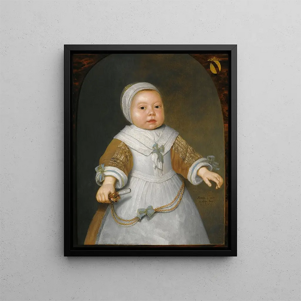 Portrait af en énårig pige fra Van Der Burch-familien - Aelbert Cuyp — indrammet kunstværk på væggen