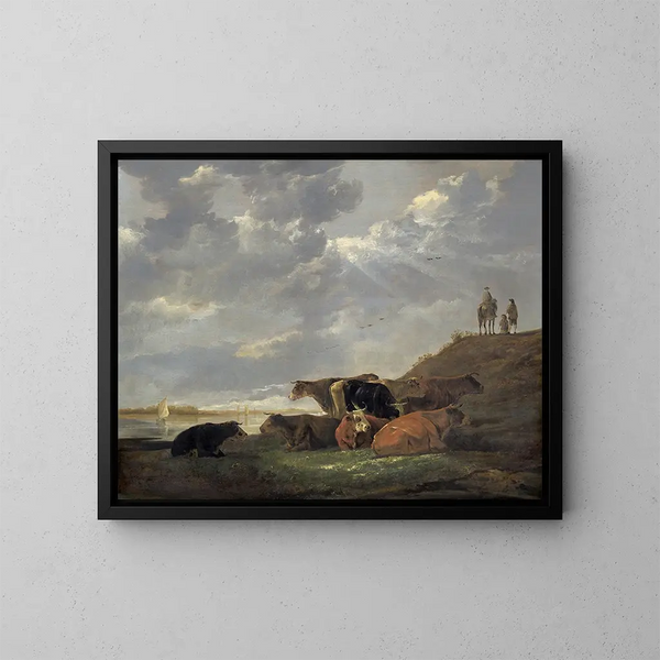 Landskabsflod med køer - Aelbert Cuyp — indrammet kunstværk på væggen
