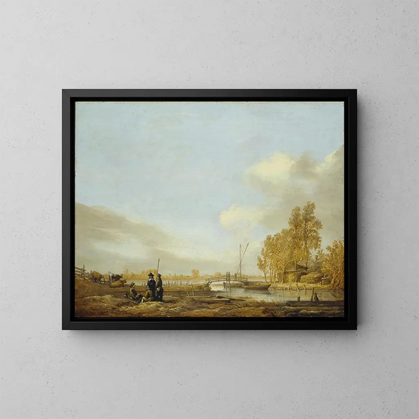 Landskab med flod og træbro - Aelbert Cuyp — indrammet kunstværk på væggen