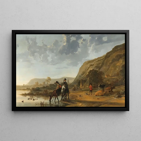 Landskab med flod og ryttere - Aelbert Cuyp — indrammet kunstværk på væggen